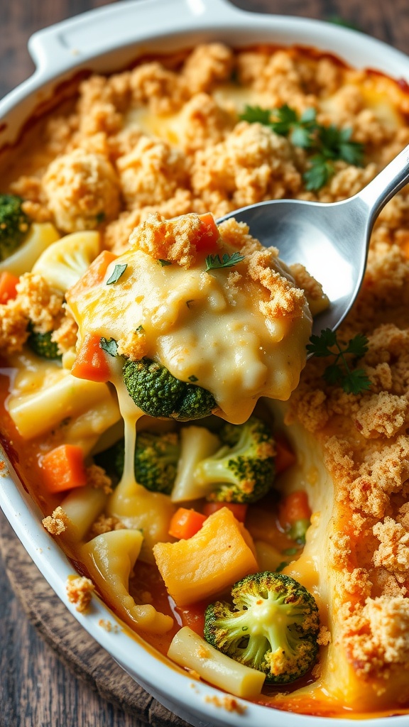 Cheesy Vegetable Casserole Recipe Cheesy vegetable casserole with broccoli, cauliflower, and carrots, topped with breadcrumbs, on a rustic table.